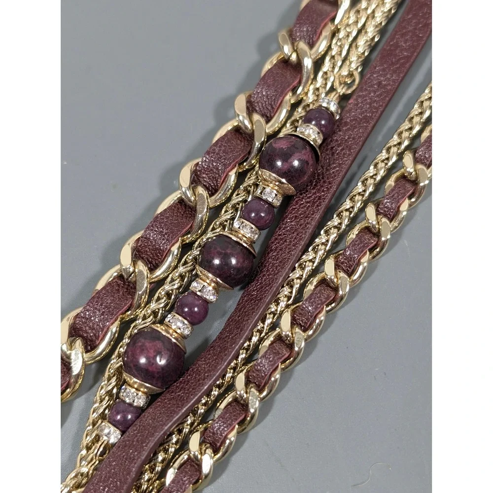 Wide Brown Faux Leather Multi Chain Bracelet Gold‎ Tone Boho Western 7.5